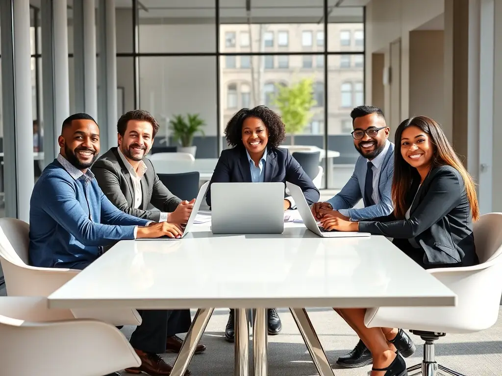 A professional photograph showcasing a diverse group of individuals collaborating in a modern office setting, symbolizing the partnership opportunities with 金年会. The image should convey teamwork, innovation, and a shared vision for success in the electronic gaming industry.